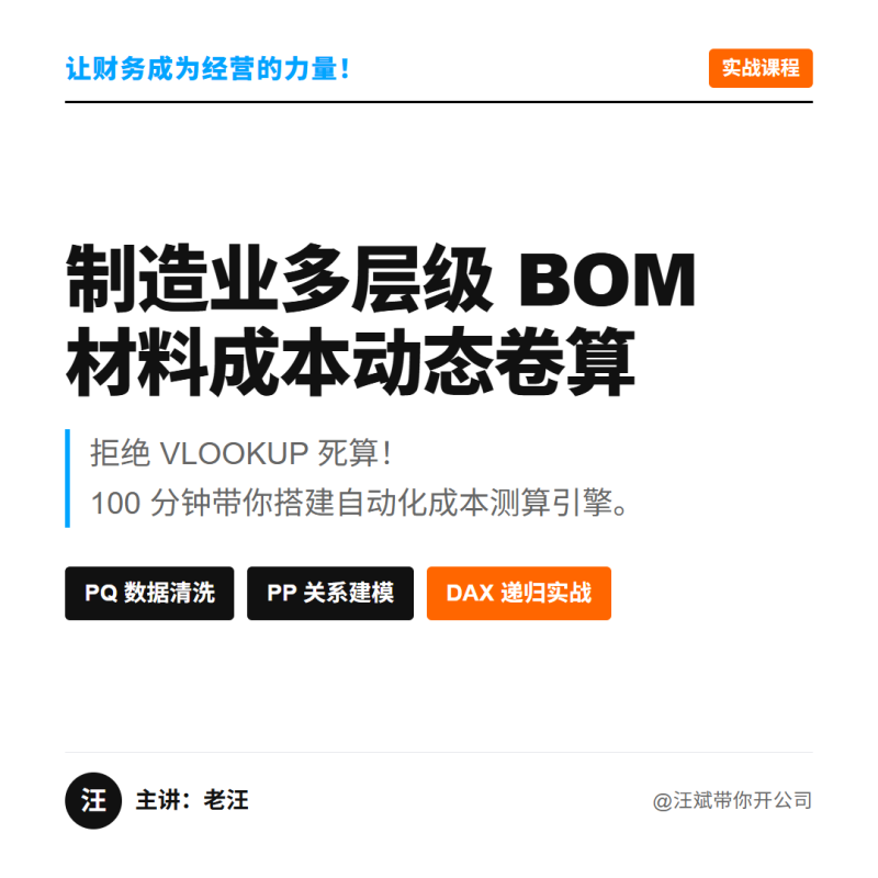 《制造业多层级BOM材料成本卷算与动态模拟模型搭建》案例实战课程（100分钟）-小微之家 | 汪斌带你开公司 | 老汪洞察