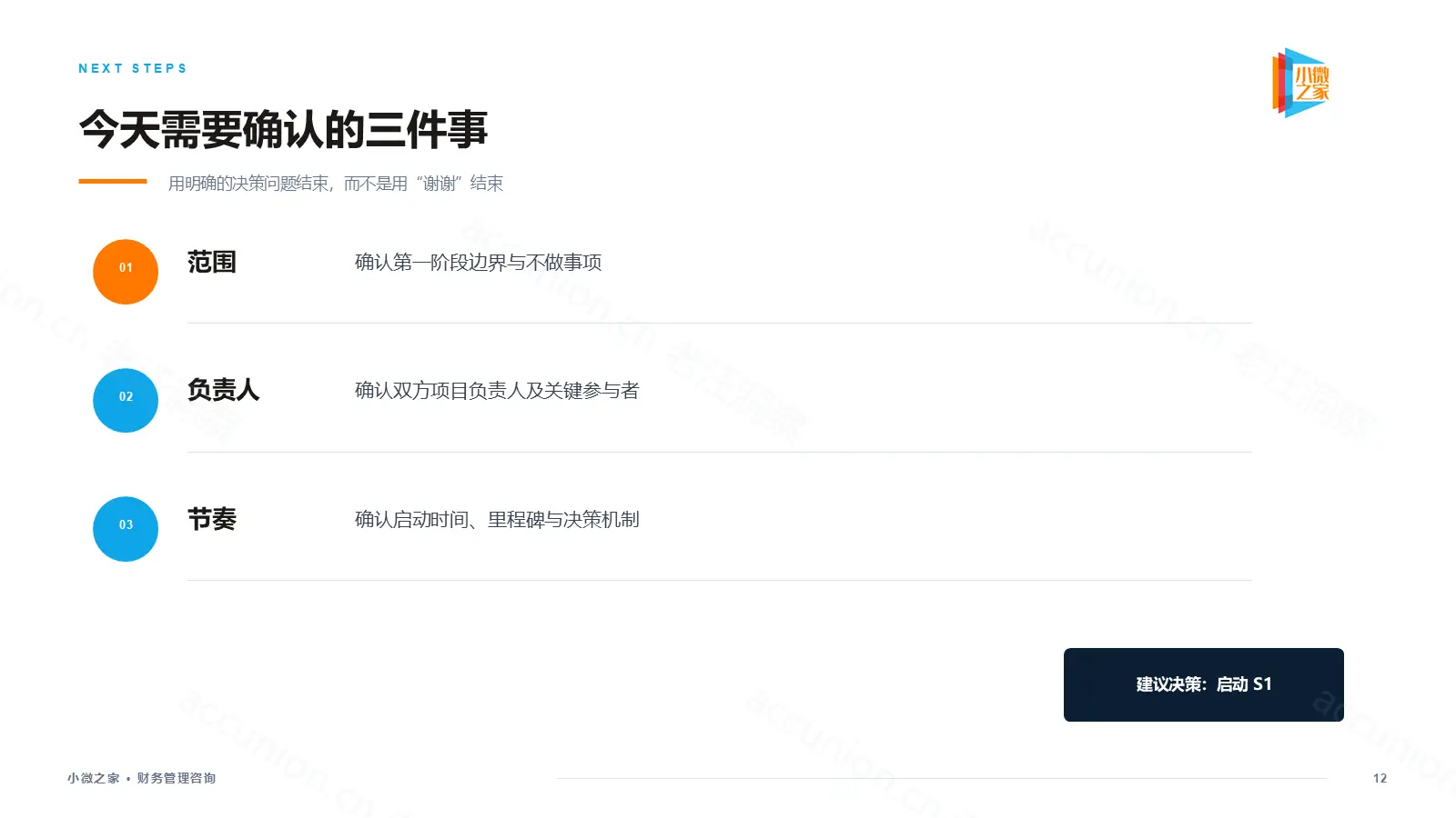 咨询汇报PPT下一步：范围、负责人、节奏，建议启动S1