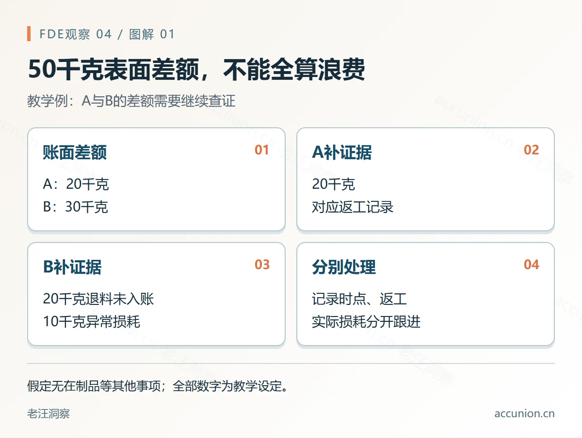 50千克表面差额,不能全算浪费:教学例:A与B的差额需要继续查证